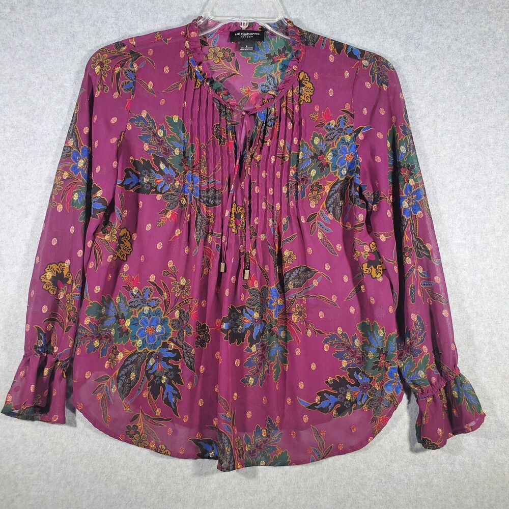 Liz Claiborne Career Floral Chiffon Blouse Purple Boho Pleated Tie Neck Top S